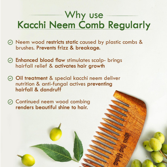 Nat Habit Kacchi Neem Wooden Bounce Comb Soaked In 13 Herbs, Neem & Sesame Oil - For Voluminous Hair, Gentle Detangling & Styling (Wide Tooth) Pack of 1