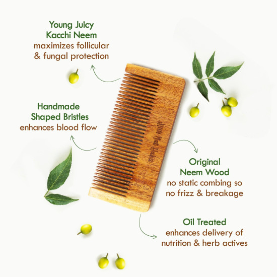 Nat Habit Kacchi Neem Wooden Comb, Soaked In 13 Herbs, Neem & Sesame Oil For Men & Women Daily Styling & Detangling (Fine Tooth Small Size) Pack of 1