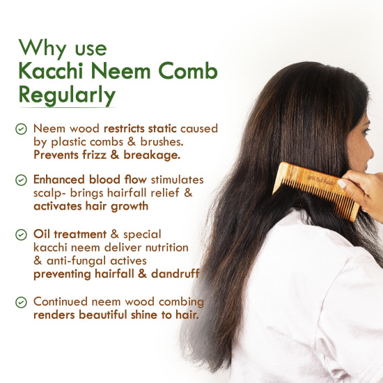 Nat Habit Kacchi Neem Wooden Comb, Soaked In 13 Herbs, Neem & Sesame Oil For Men & Women Daily Styling & Detangling (Fine Tooth Small Size) Pack of 1