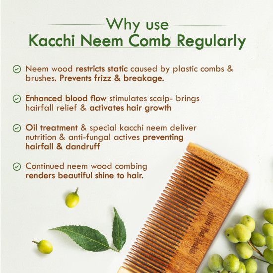 Nat Habit Kacchi Neem Wooden Comb, Soaked In 13 Herbs, Neem & Sesame Oil For Men & Women Daily Styling & Detangling (Fine Tooth Small Size) Pack of 1