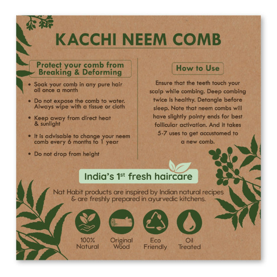 Nat Habit Kacchi Neem Wooden Comb, Soaked In 13 Herbs, Neem & Sesame Oil For Men & Women Daily Styling & Detangling (Fine Tooth Small Size) Pack of 1