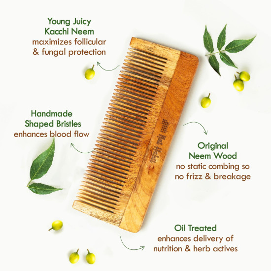 Nat Habit Kacchi Neem Wooden Comb, Soaked In 13 Herbs, Neem & Sesame Oil For Men & Women Daily Styling & Detangling (Fine Tooth Large Size) Pack of 1