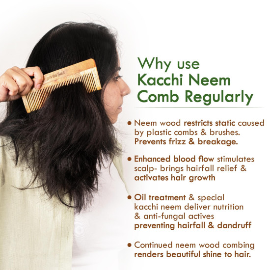 Nat Habit Kacchi Neem Wooden Comb, Soaked In 13 Herbs, Neem & Sesame Oil For Men & Women Daily Styling & Detangling (Fine Tooth Large Size) Pack of 1