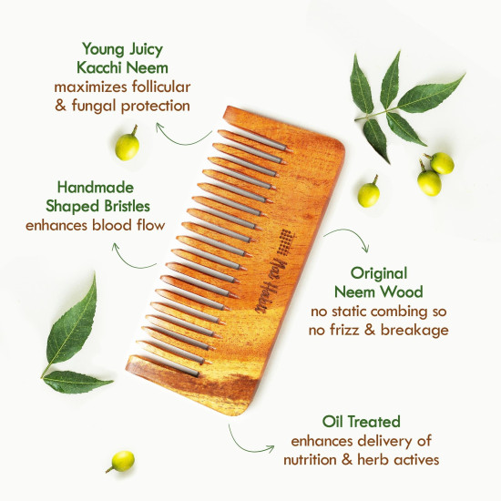 Nat Habit Kacchi Neem Wooden Shampoo Comb, Soaked In 13 Herbs, Neem & Sesame Oil - For Post Shampoo Detangling Suited For Long & Thick Hair (Wide Tooth- Small Size) Pack of 1