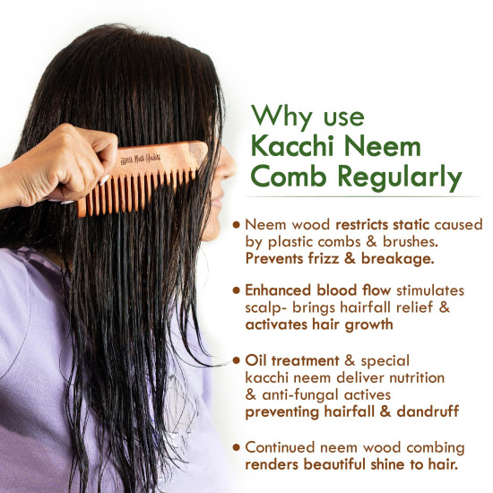 Nat Habit Kacchi Neem Wooden Shampoo Comb, Soaked In 13 Herbs, Neem & Sesame Oil - For Post Shampoo Detangling Suited For Long & Thick Hair (Wide Tooth- Small Size) Pack of 1