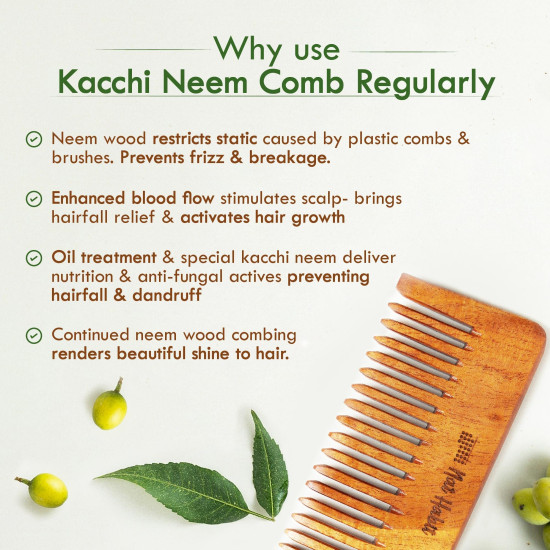 Nat Habit Kacchi Neem Wooden Shampoo Comb, Soaked In 13 Herbs, Neem & Sesame Oil - For Post Shampoo Detangling Suited For Long & Thick Hair (Wide Tooth- Small Size) Pack of 1