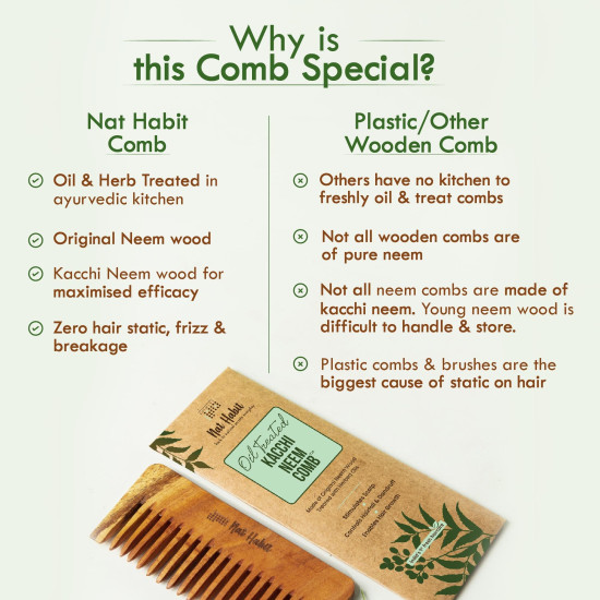 Nat Habit Kacchi Neem Wooden Shampoo Comb, Soaked In 13 Herbs, Neem & Sesame Oil - For Post Shampoo Detangling Suited For Long & Thick Hair (Wide Tooth- Small Size) Pack of 1