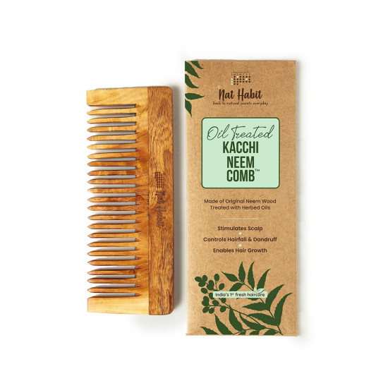 Nat Habit Kacchi Neem Wooden Shampoo Comb, Soaked In 13 Herbs, Neem & Sesame Oil For Post Shampoo Detangling Suited For Long & Thick Hair (Wide Tooth- Large Size) Pack of 1