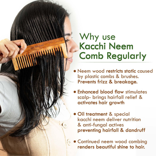 Nat Habit Kacchi Neem Wooden Shampoo Comb, Soaked In 13 Herbs, Neem & Sesame Oil For Post Shampoo Detangling Suited For Long & Thick Hair (Wide Tooth- Large Size) Pack of 1