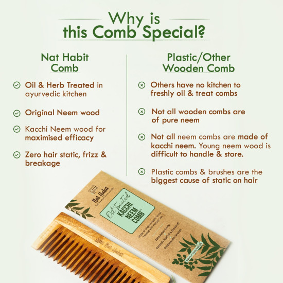 Nat Habit Kacchi Neem Wooden Shampoo Comb, Soaked In 13 Herbs, Neem & Sesame Oil For Post Shampoo Detangling Suited For Long & Thick Hair (Wide Tooth- Large Size) Pack of 1