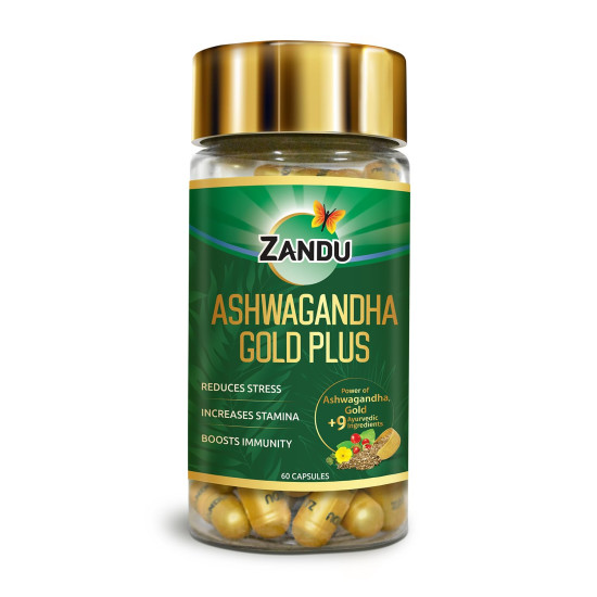 Zandu Ashwagandha Gold Plus Capsules | Upgrade your Ashwagandha with the goodness of Gold | Reduces Stress, Boosts Immunity & Stamina | 60 capsules I 11 Potent ingredients such as Gokshura, Safed Musali and more