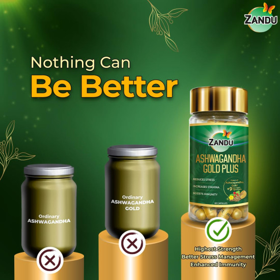 Zandu Ashwagandha Gold Plus Capsules | Upgrade your Ashwagandha with the goodness of Gold | Reduces Stress, Boosts Immunity & Stamina | 60 capsules I 11 Potent ingredients such as Gokshura, Safed Musali and more