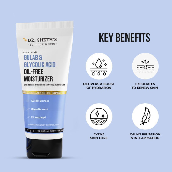Dr. Sheth's Gulab & Glycolic Acid Oil-Free Moisturizer | Light, Hydrating Formula For Even-Toned & Renewed Skin | For Men & Women | 50g