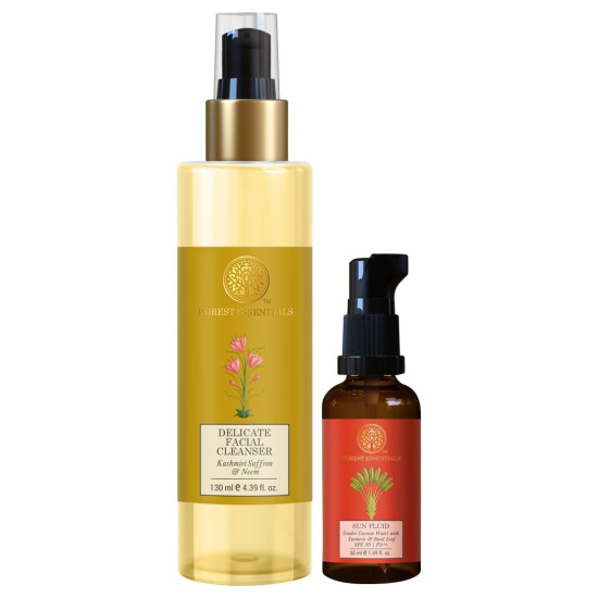 Forest Essentials SUN FLUID Tender Coconut Water with Turmeric & Basil Leaf SPF 50 | PA + +| 50 ml & Delicate Facial Cleanser Kashmiri Saffron & Neem| 130 ml Combo