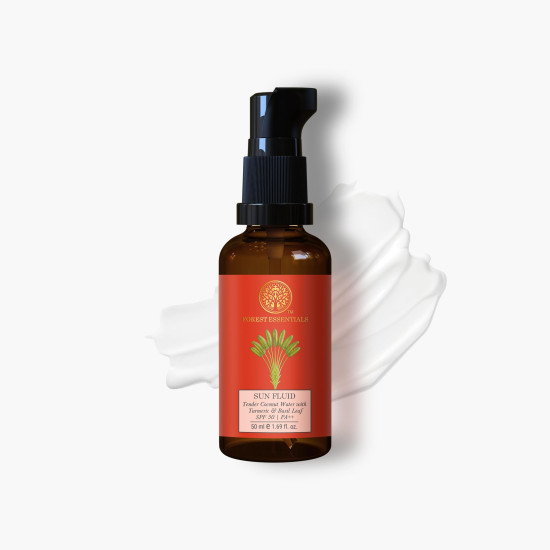 Forest Essentials SUN FLUID Tender Coconut Water with Turmeric & Basil Leaf SPF 50 | PA + +| 50 ml & Delicate Facial Cleanser Kashmiri Saffron & Neem| 130 ml Combo