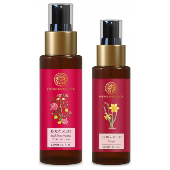 Forest Essentials Travel Size Body Mist Iced Pomegranate & Kerala Lime| Luxury Citrus Fragrance | 50 ml & Travel Size Body Mist Nargis| 50 ml Combo