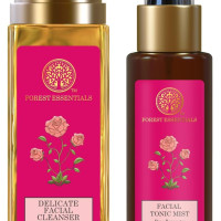 Forest Essentials Travel Size Facial Tonic Mist Pure Rosewater| 50 ml & Travel Size Delicate Facial Cleanser Mashobra Honey, Lemon & Rosewater| 50 ml Combo