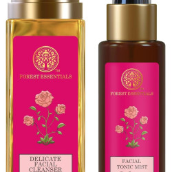 Forest Essentials Travel Size Facial Tonic Mist Pure Rosewater| 50 ml & Travel Size Delicate Facial Cleanser Mashobra Honey, Lemon & Rosewater| 50 ml Combo