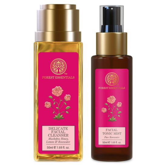 Forest Essentials Travel Size Facial Tonic Mist Pure Rosewater| 50 ml & Travel Size Delicate Facial Cleanser Mashobra Honey, Lemon & Rosewater| 50 ml Combo