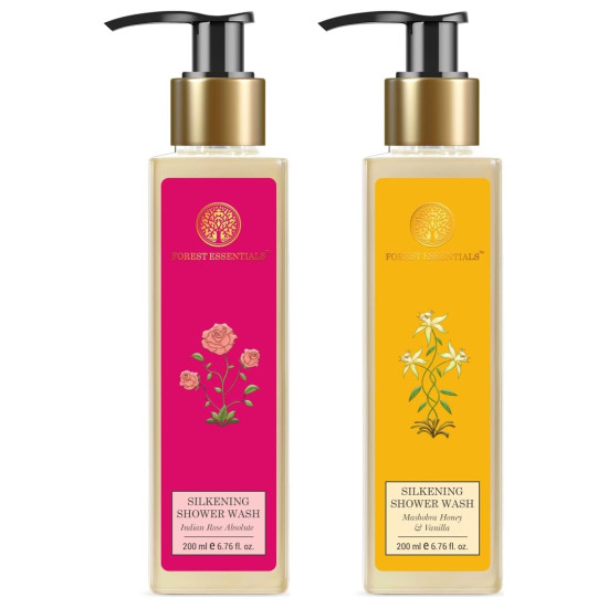 Forest Essentials Silkening Shower Wash Indian Rose Absolute| 200 ml & Silkening Shower Wash Mashobra Honey & Vanilla,200 ml Combo