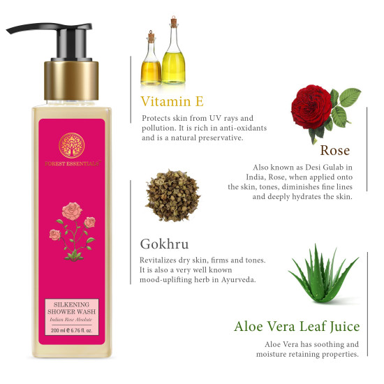 Forest Essentials Silkening Shower Wash Indian Rose Absolute| 200 ml & Silkening Shower Wash Mashobra Honey & Vanilla,200 ml Combo