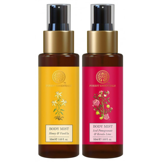 Forest Essentials Travel Size Body Mist Iced Pomegranate & Kerala Lime| Luxury Citrus Fragrance | 50 ml & Travel Size Body Mist Honey & Vanilla| Luxury Floral and Oriental Fragrance | 50 ml Combo