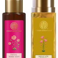Forest Essentials Travel Size Facial Tonic Mist Pure Rosewater| 50 ml & Travel Size Delicate Facial Cleanser Kashmiri Saffron & Neem| 50 ml Combo