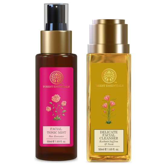 Forest Essentials Travel Size Facial Tonic Mist Pure Rosewater| 50 ml & Travel Size Delicate Facial Cleanser Kashmiri Saffron & Neem| 50 ml Combo