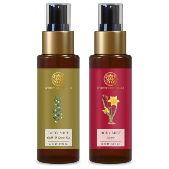 Forest Essentials Travel Size Body Mist Oudh & Green Tea| 50 ml & Travel Size Body Mist Nargis| 50 ml Combo