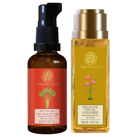 Forest Essentials SUN FLUID Tender Coconut Water with Turmeric & Basil Leaf SPF 50 | PA + +| 50 ml & Travel Size Delicate Facial Cleanser Kashmiri Saffron & Neem| 50 ml Combo