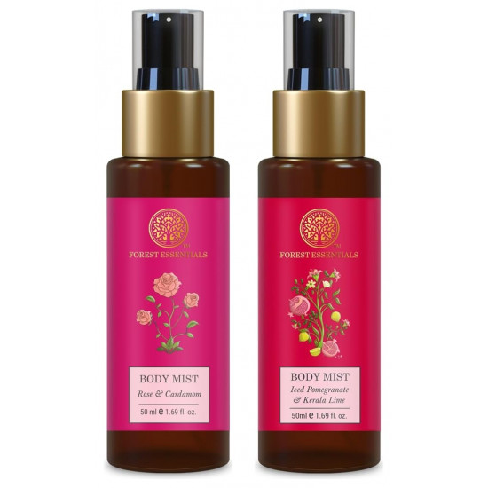 Forest Essentials Travel Size Body Mist Iced Pomegranate & Kerala Lime| Luxury Citrus Fragrance | 50 ml & Travel Size Body Mist Rose & Cardamom| Luxury Floral & Oriental Fragrance | 50 ml Combo