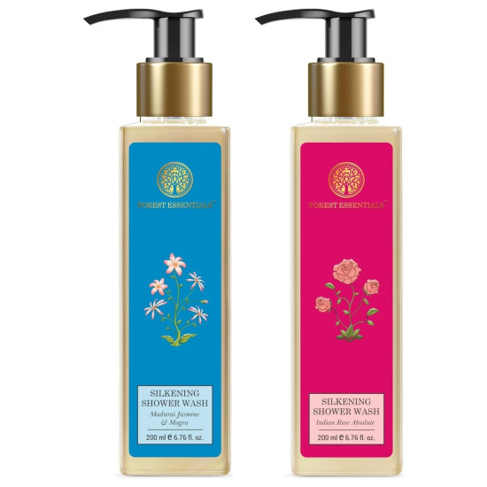 Forest Essentials Silkening Shower Wash Indian Rose Absolute| 200 ml & Silkening Shower Wash Madurai Jasmine & Mogra| 200 ml Combo