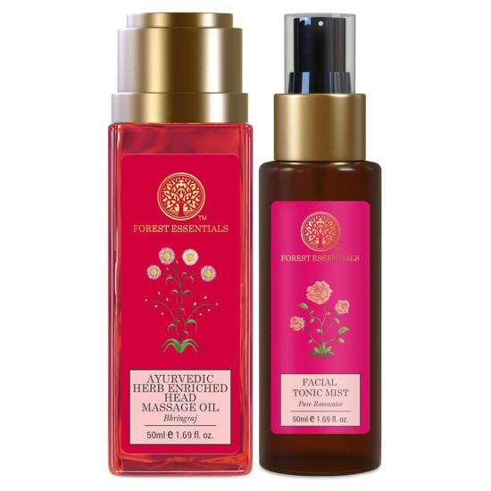 Forest Essentials Travel Size Facial Tonic Mist Pure Rosewater| 50 ml & Travel Size Ayurvedic Herb Enriched Head Massage Oil Bhringraj| 50 ml Combo