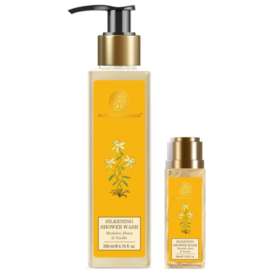 Forest essentials Silkening Shower Wash Mashobra Honey & Vanilla,200 ml & Travel Size Silkening Shower Wash Mashobra Honey & Vanilla| 50 ml Combo