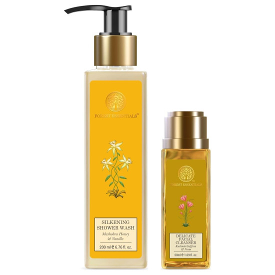 Forest essentials Silkening Shower Wash Mashobra Honey & Vanilla,200 ml & Travel Size Delicate Facial Cleanser Kashmiri Saffron & Neem| 50 ml Combo