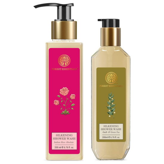 Forest Essentials Silkening Shower Wash Indian Rose Absolute| 200 ml & Silkening Shower Wash Oudh & Green Tea| 200 ml Combo