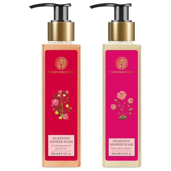 Forest Essentials Silkening Shower Wash Indian Rose Absolute| 200 ml & Silkening Shower Wash Iced Pomegranate & Kerala Lime|Body Wash For Men And Women 200ml Combo