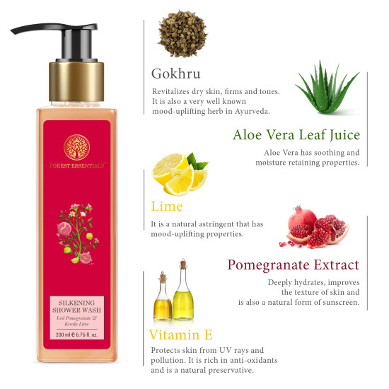 Forest Essentials Silkening Shower Wash Indian Rose Absolute| 200 ml & Silkening Shower Wash Iced Pomegranate & Kerala Lime|Body Wash For Men And Women 200ml Combo