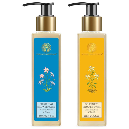 Forest essentials Silkening Shower Wash Mashobra Honey & Vanilla,200 ml & Silkening Shower Wash Madurai Jasmine & Mogra| 200 ml Combo