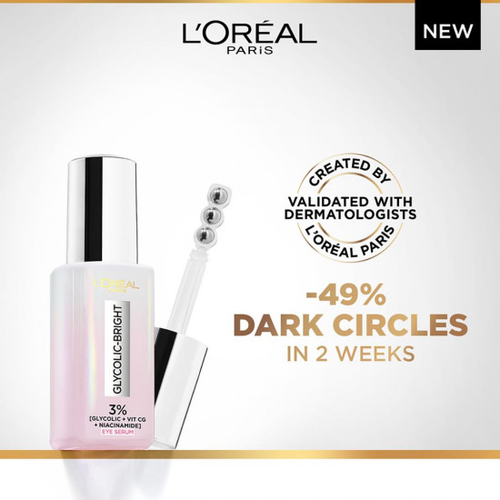 L’Oréal Paris Glycolic Bright Dark Circle Eye Serum with 3% [GLYCOLIC + VIT CG + NIACINAMIDE], 20ml