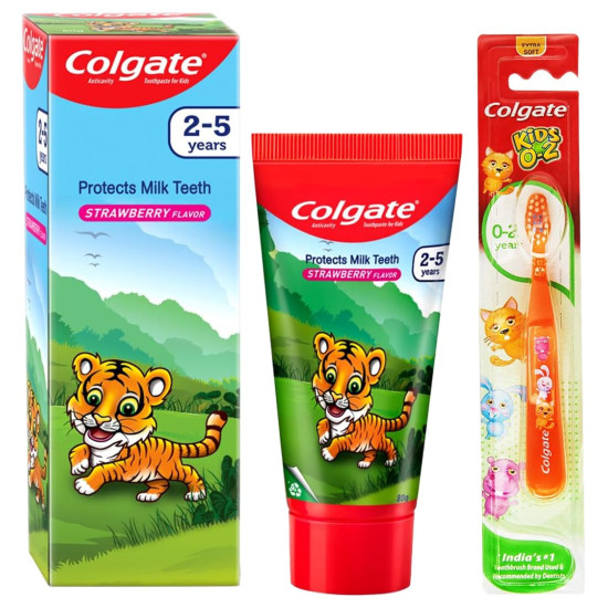 Colgate Kids Anticavity Toothpaste for 2-5 Years - 80gm (Strawberry Flavour) & Colgate Kids 0-2 Years Manual Toothbrush,Multicolor, 1 Piece Combo