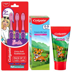 Colgate Kids Barbie Toothbrush, Extra Soft with Tongue Cleaner (Pack of 3) & Colgate Kids Anticavity Toothpaste for 2-5 Years - 80gm (Strawberry flavour) COMBO