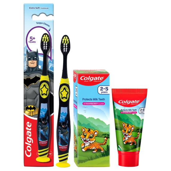 Colgate Kids Anticavity Toothpaste for 2-5 Years - 80gm (Strawberry Flavour) & Colgate Kid's Extra Soft Manual Toothbrush with Tongue Cleaner - Multicolor,1 Pc Combo