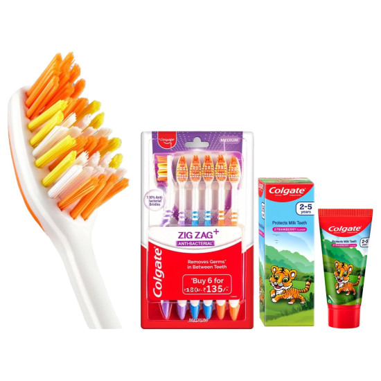 Colgate Kids Anticavity Toothpaste for 2-5 Years - 80gm (Strawberry Flavour) & Colgate Zigzag Manual Toothbrush, Pack of 6 Medium Multicolour Soft Tooth Brush Combo