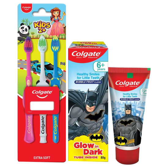 Colgate Batman Anticavity Toothpaste For Kids - 80g (Bubble Fruit Flavour) & Colgate Kids Manual Toothbrush For 2+ Years, 3Pcs, With Extra Soft Bristles,Multicolour COMBO