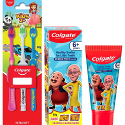 Colgate Kid's Motu Patlu Anticavity Bubble Fruit Flavour Toothpaste- 80g & Colgate Kids Manual Toothbrush For 2+ Years, 3Pcs,Multicolour COMBO