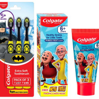 Colgate Kids Batman Manual Toothbrush (Pack of 3,Multicolor) & Colgate Kid's Motu Patlu Anticavity Bubble Fruit Flavour Toothpaste- 80g COMBO