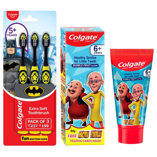 Colgate Kids Batman Manual Toothbrush (Pack of 3,Multicolor) & Colgate Kid's Motu Patlu Anticavity Bubble Fruit Flavour Toothpaste- 80g COMBO
