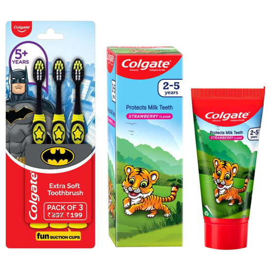 Colgate Kids Batman Manual Toothbrush (Pack of 3,Multicolor) & Colgate Kids Anticavity Toothpaste for 2-5 Years - 80gm (Strawberry flavour) COMBO