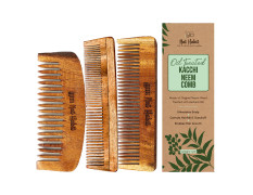 Nat Habit Kacchi Neem Wooden Comb - Soaked In 17 Herbs, Neem & Sesame Oil - Pocket-Sized For Voluminous Hair, Men & Kids Short Hair, Combo (Bouse Comb, Pocket Fine & Dual Tooth)